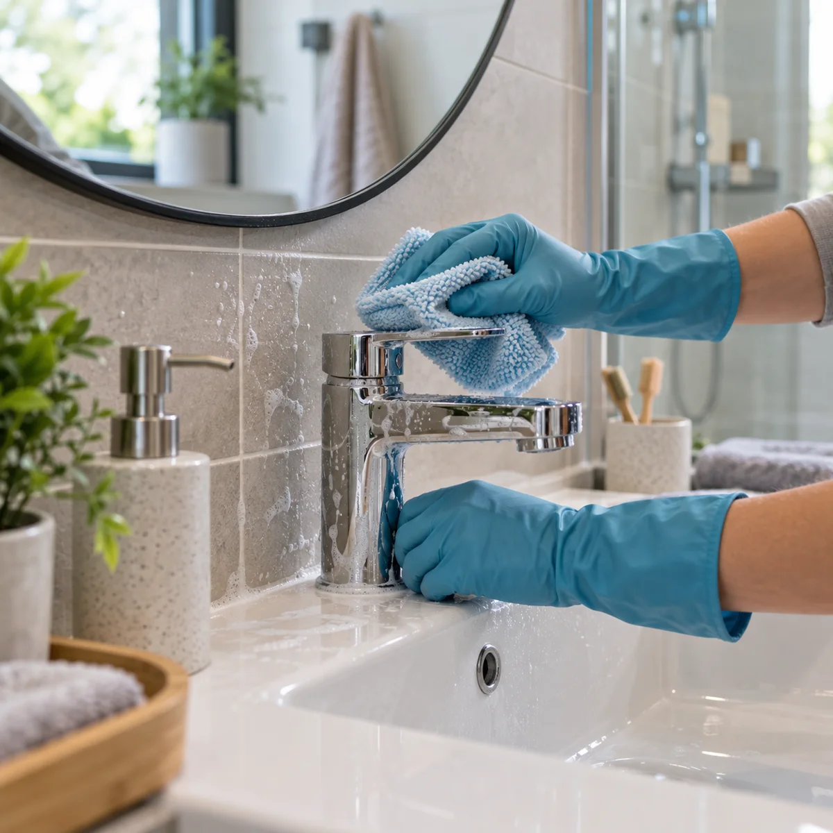 Bathroom Cleaning: Match the Product to Soap Residue and the Surface — illustrative scene