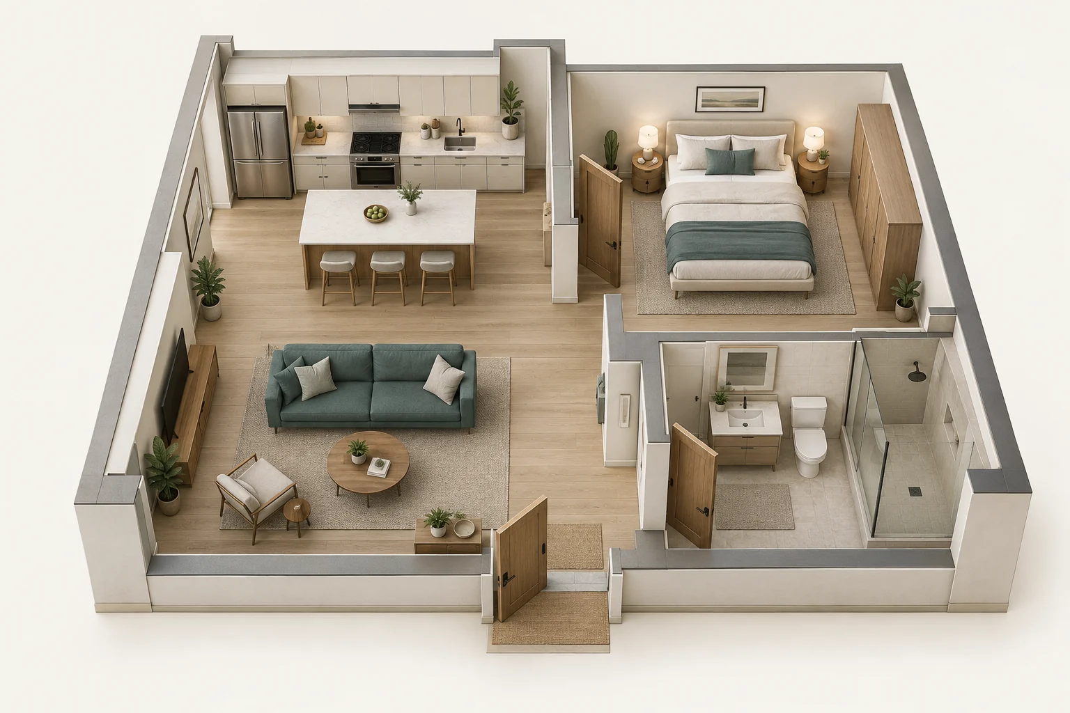 Illustrative cutaway home with kitchen, living area, bedroom and bathroom